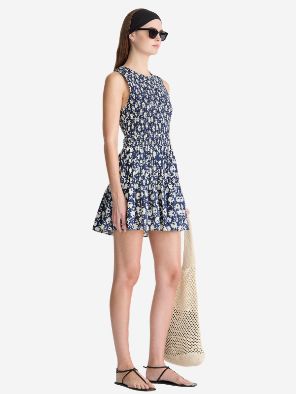 Apiece Apart Lore Smocked Mini Dress - Navy Floral Stamp