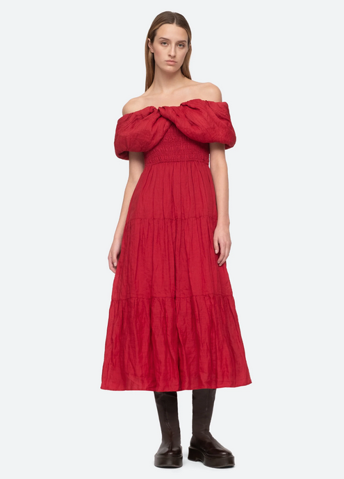 Sea NY Loren Off Shoulder Dress - Ruby Red