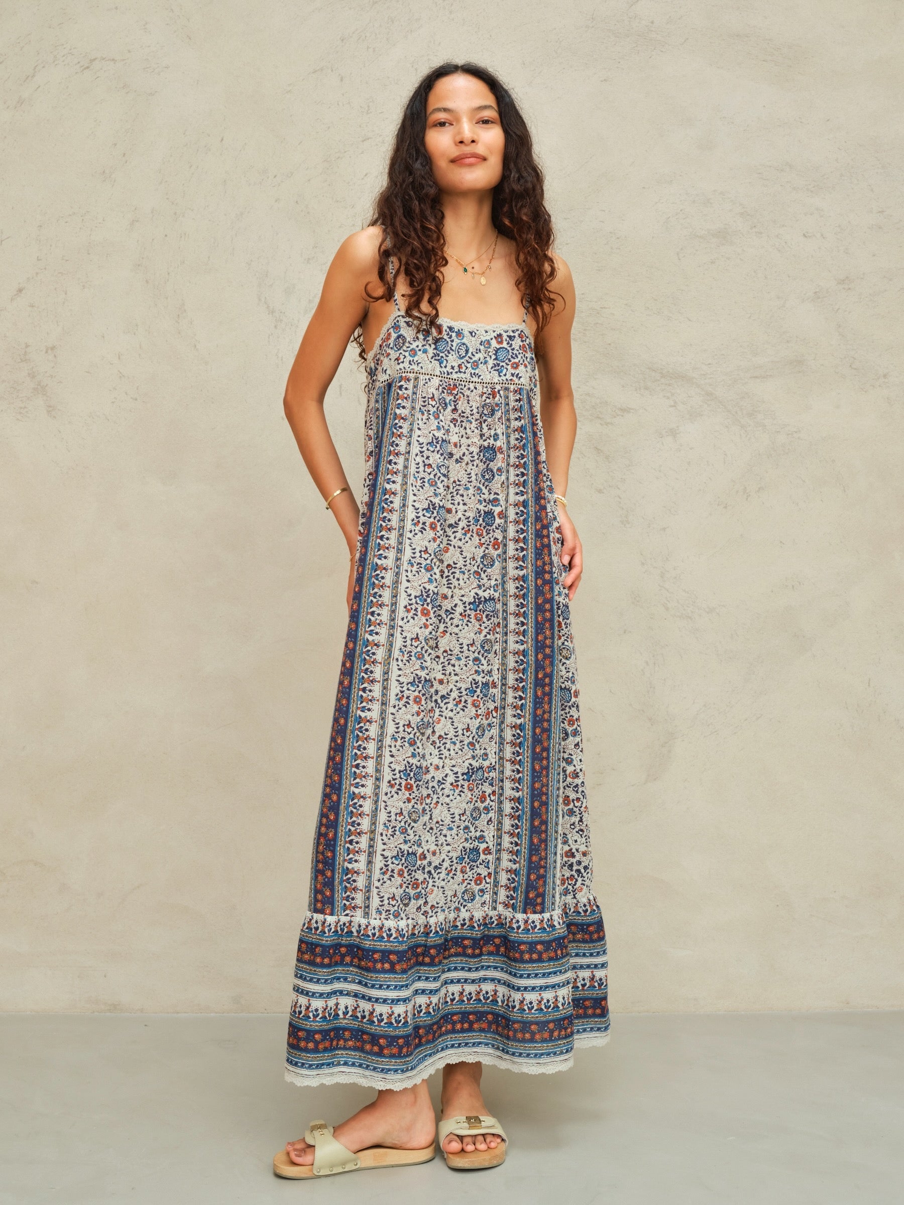 M.A.B.E Cass Print Maxi Dress - Indigo/Rust