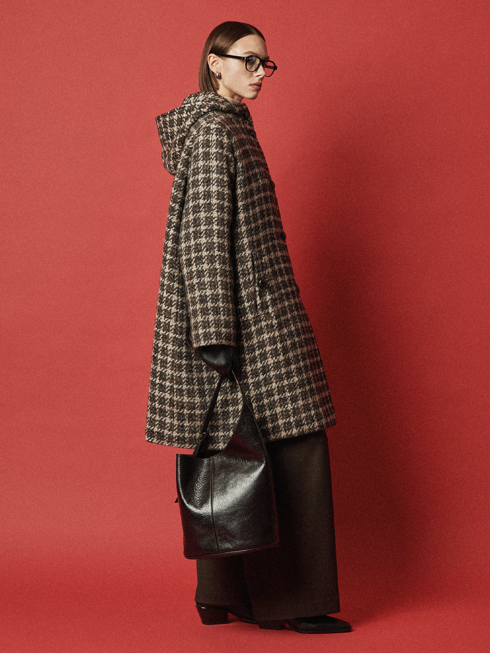 Maison De Ines Classic Houndstooth Hood Coat - Mocha Houndstooth Mix