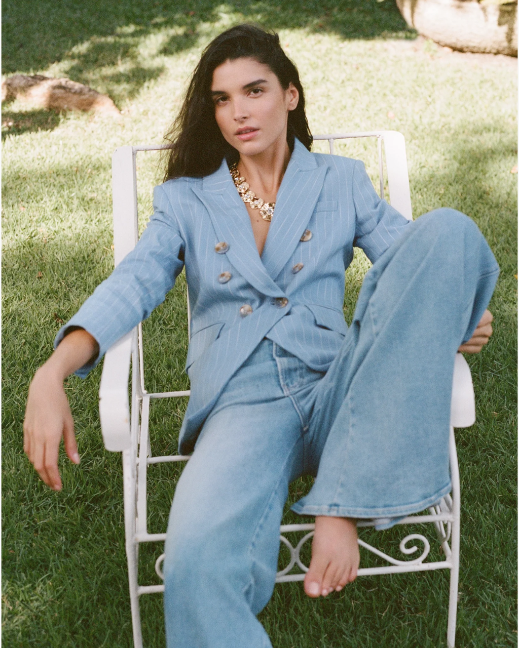 Veronica Beard Miller Pinstripe Dickey Jacket - Blue Jay/Dove White