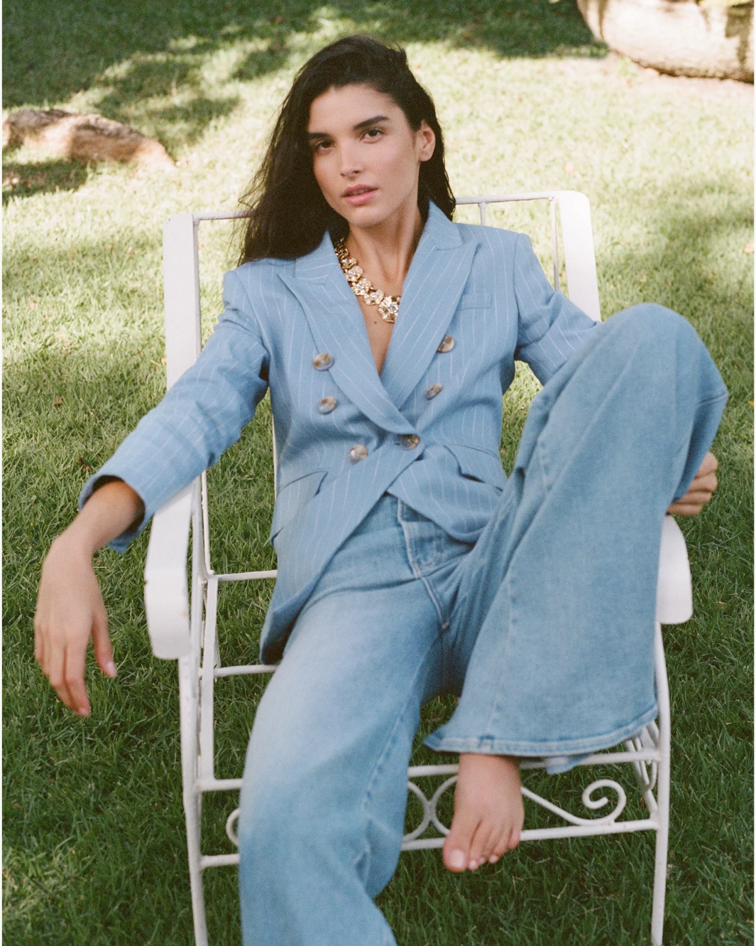 Veronica Beard Miller Pinstripe Dickey Jacket - Blue Jay/Dove White