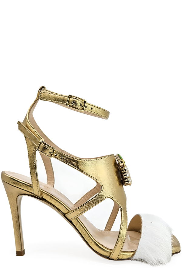 Fratelli Russo Leather Open Toe Feather Pump - Gold