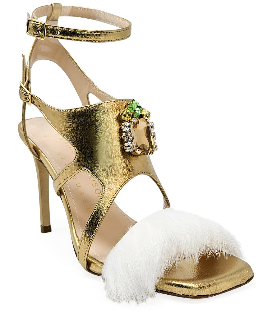 Fratelli Russo Leather Open Toe Feather Pump - Gold