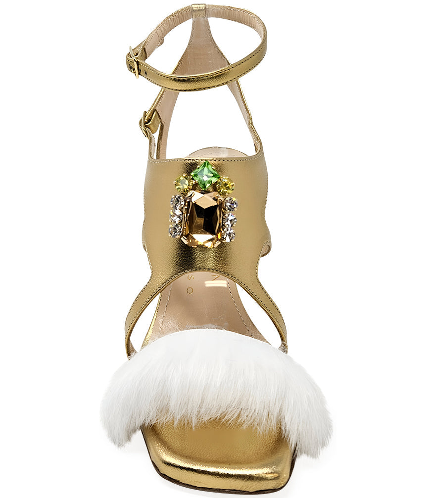 Fratelli Russo Leather Open Toe Feather Pump - Gold