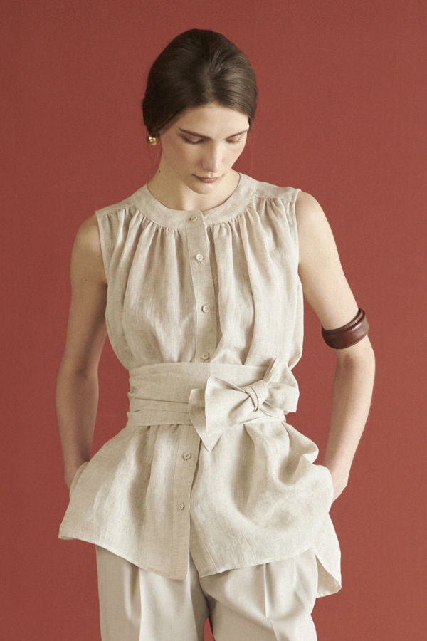 Maison De Ines Belted Sleeveless Blouse - Oatmeal