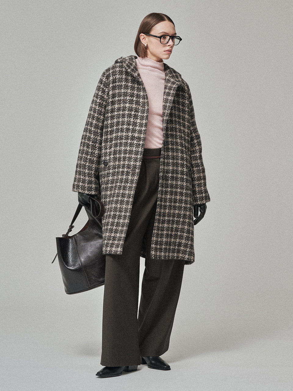 Maison De Ines Classic Houndstooth Hood Coat - Mocha Houndstooth Mix