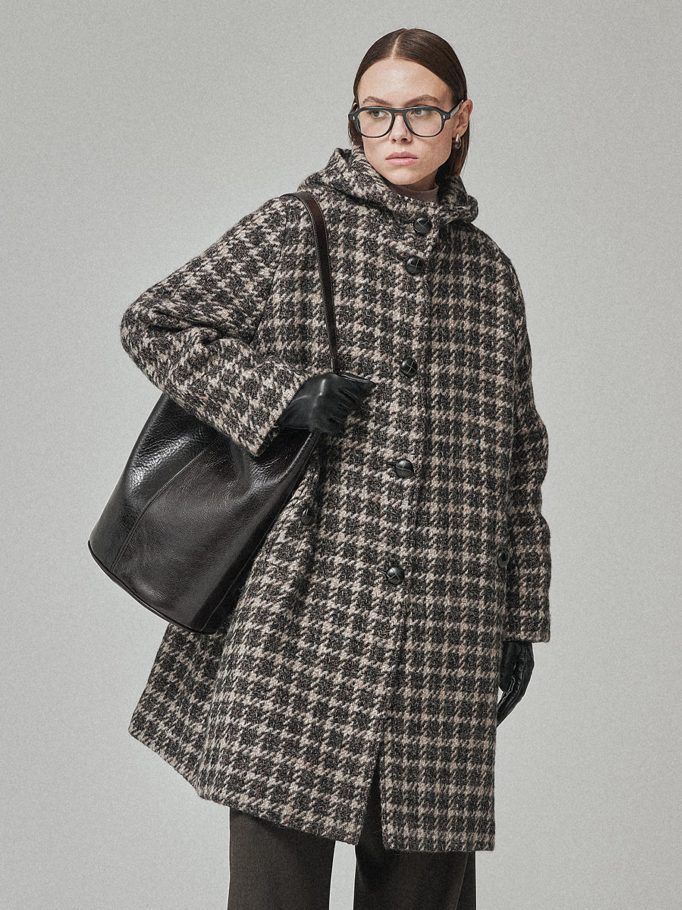 Maison De Ines Classic Houndstooth Hood Coat - Mocha Houndstooth Mix