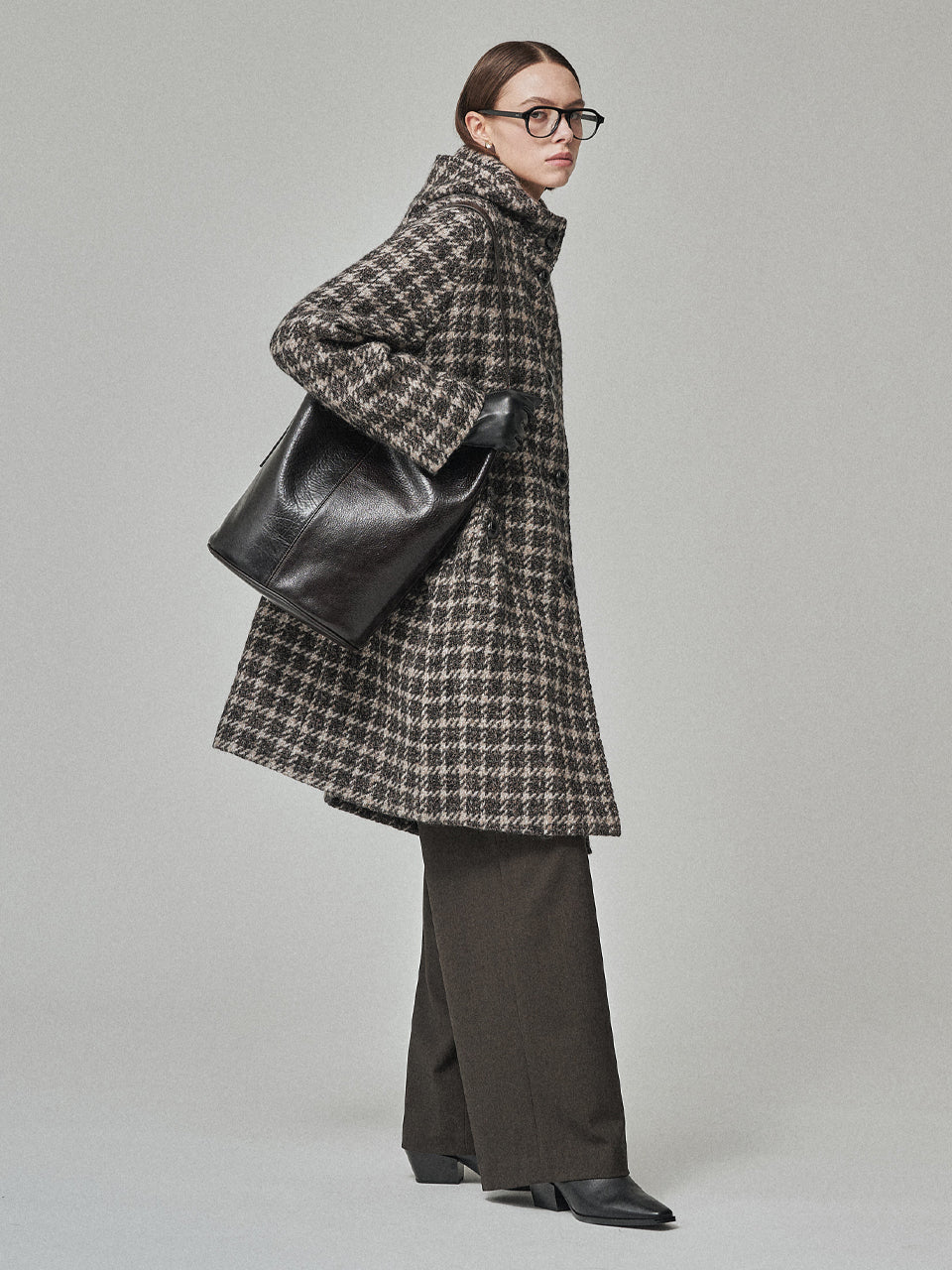 Maison De Ines Classic Houndstooth Hood Coat - Mocha Houndstooth Mix