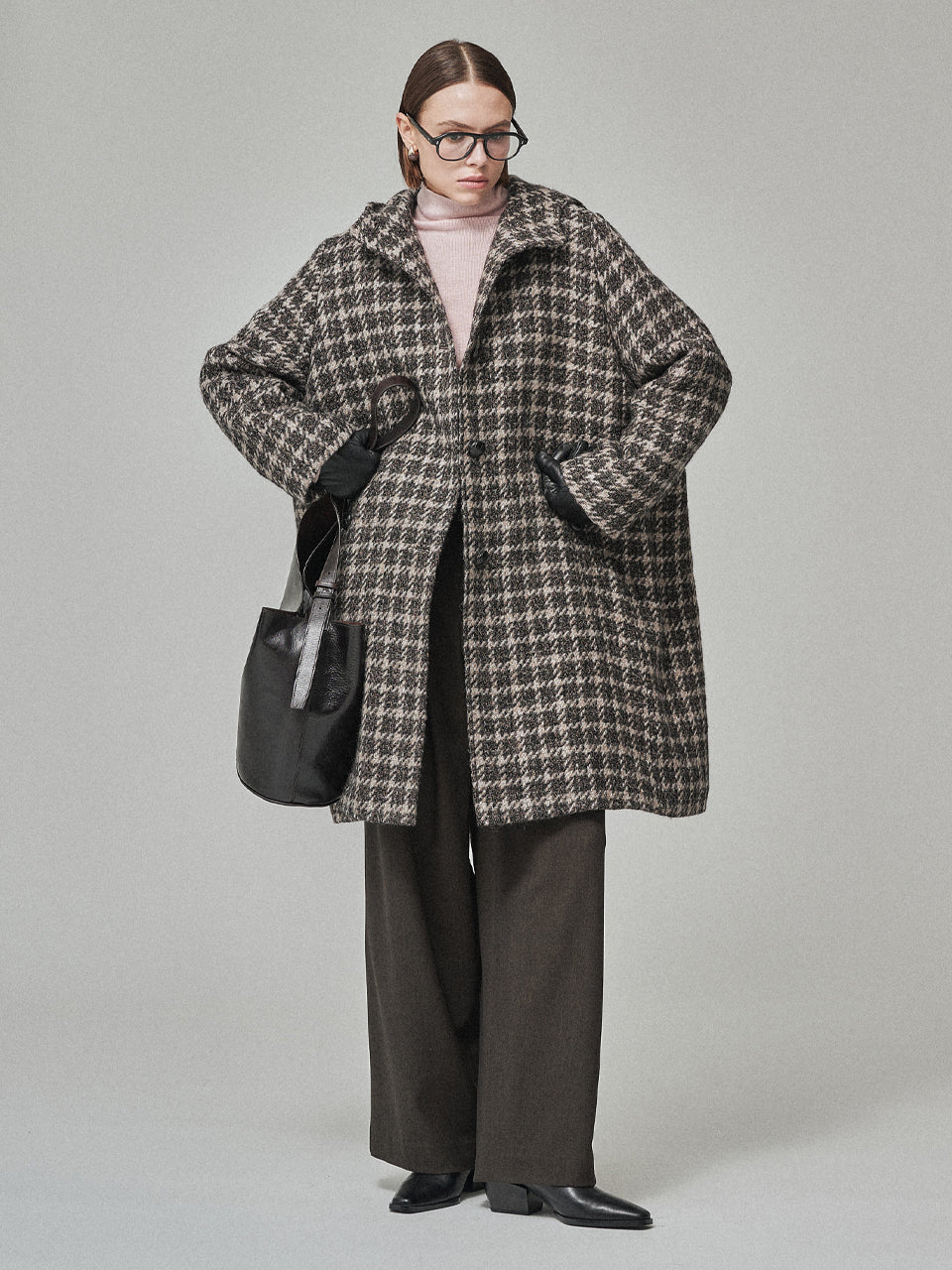 Maison De Ines Classic Houndstooth Hood Coat - Mocha Houndstooth Mix