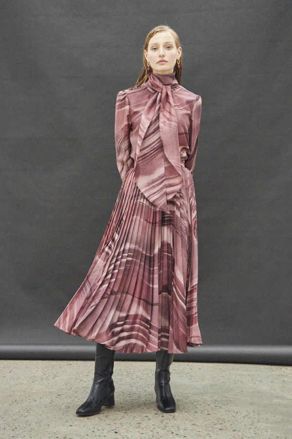 Maison De Ines Marble Pleated Skirt - Wine