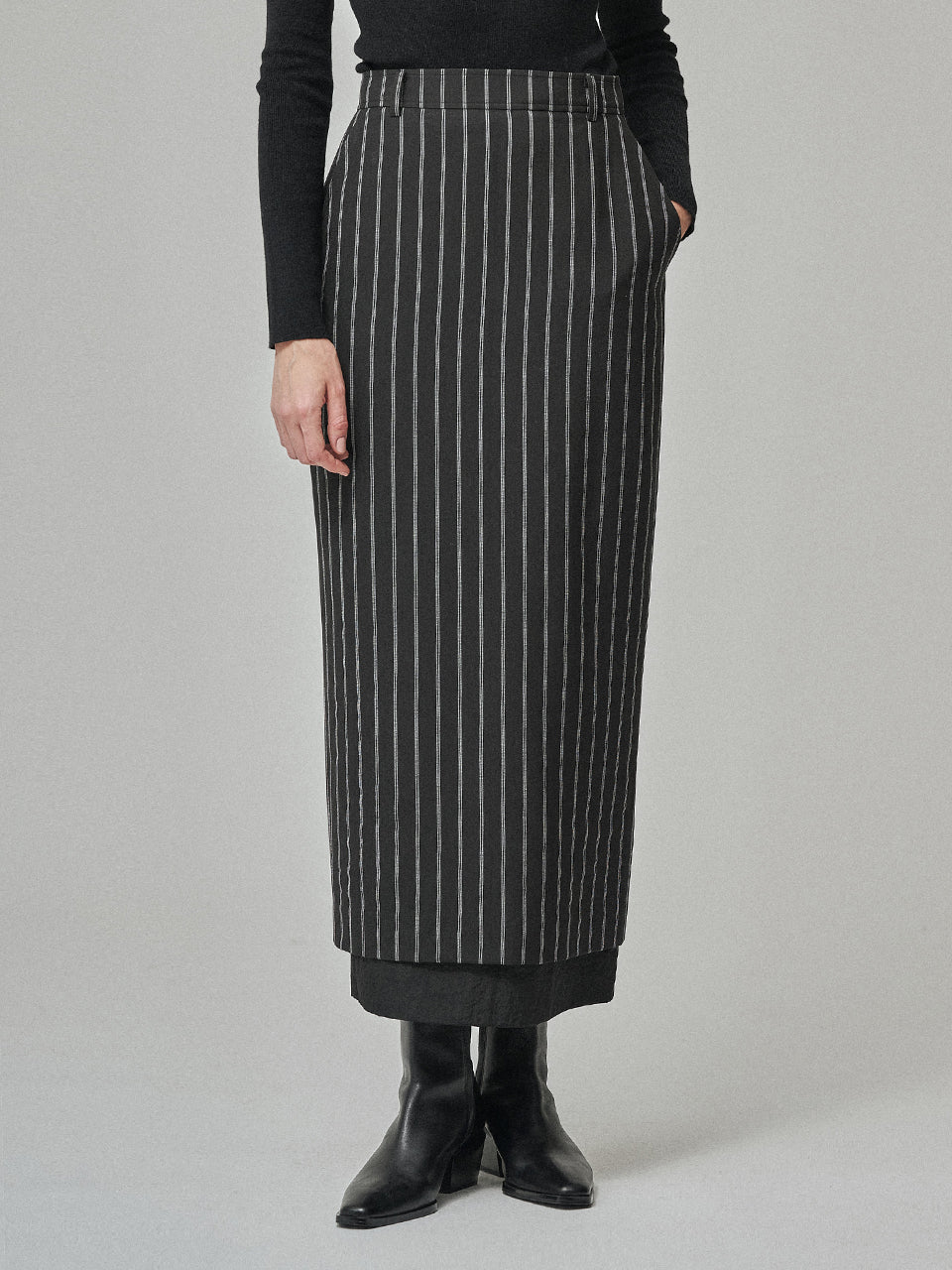 MAISON DE INES Stripe Sheer Layered H-Line Skirt - Black