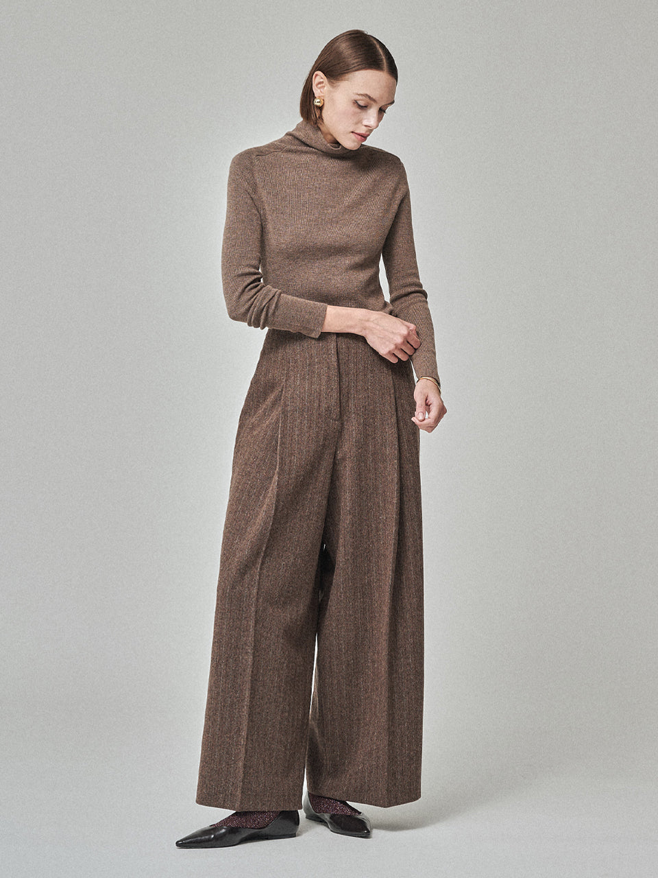 MAISON DE INES Wool Stripe Wide Trousers - Mocha Brown