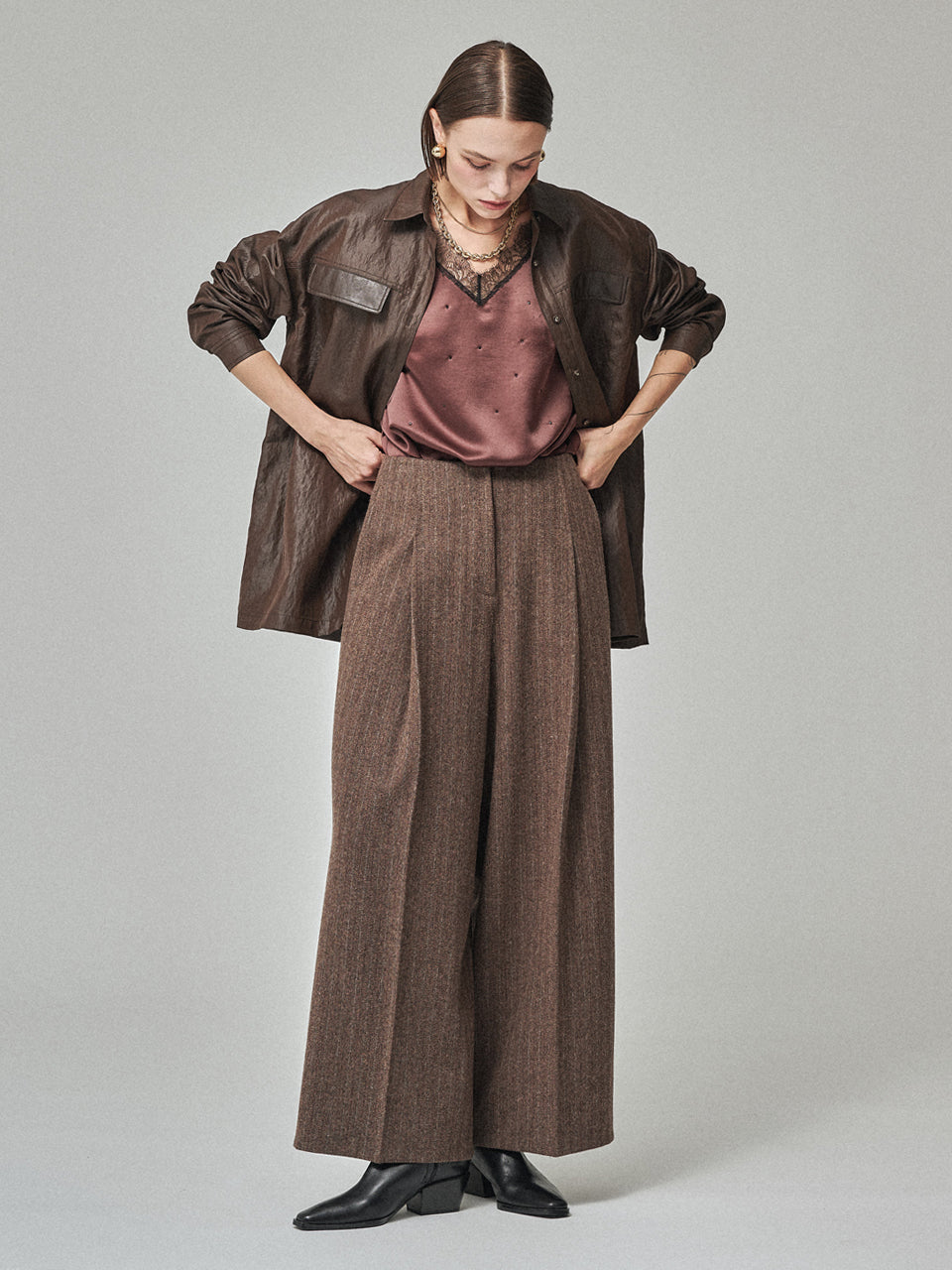 MAISON DE INES Wool Stripe Wide Trousers - Mocha Brown