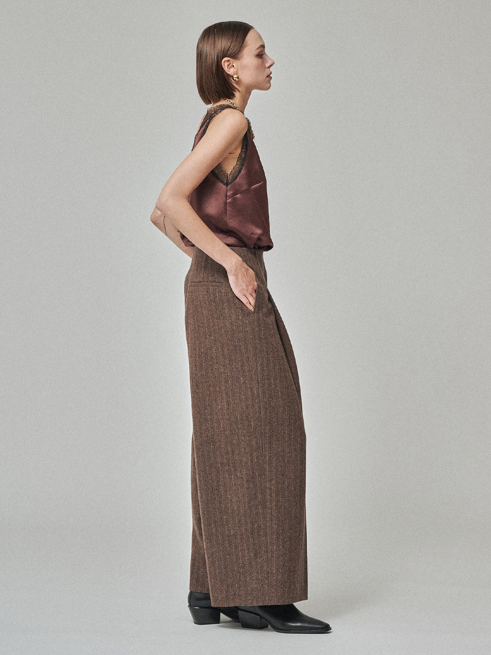 MAISON DE INES Wool Stripe Wide Trousers - Mocha Brown