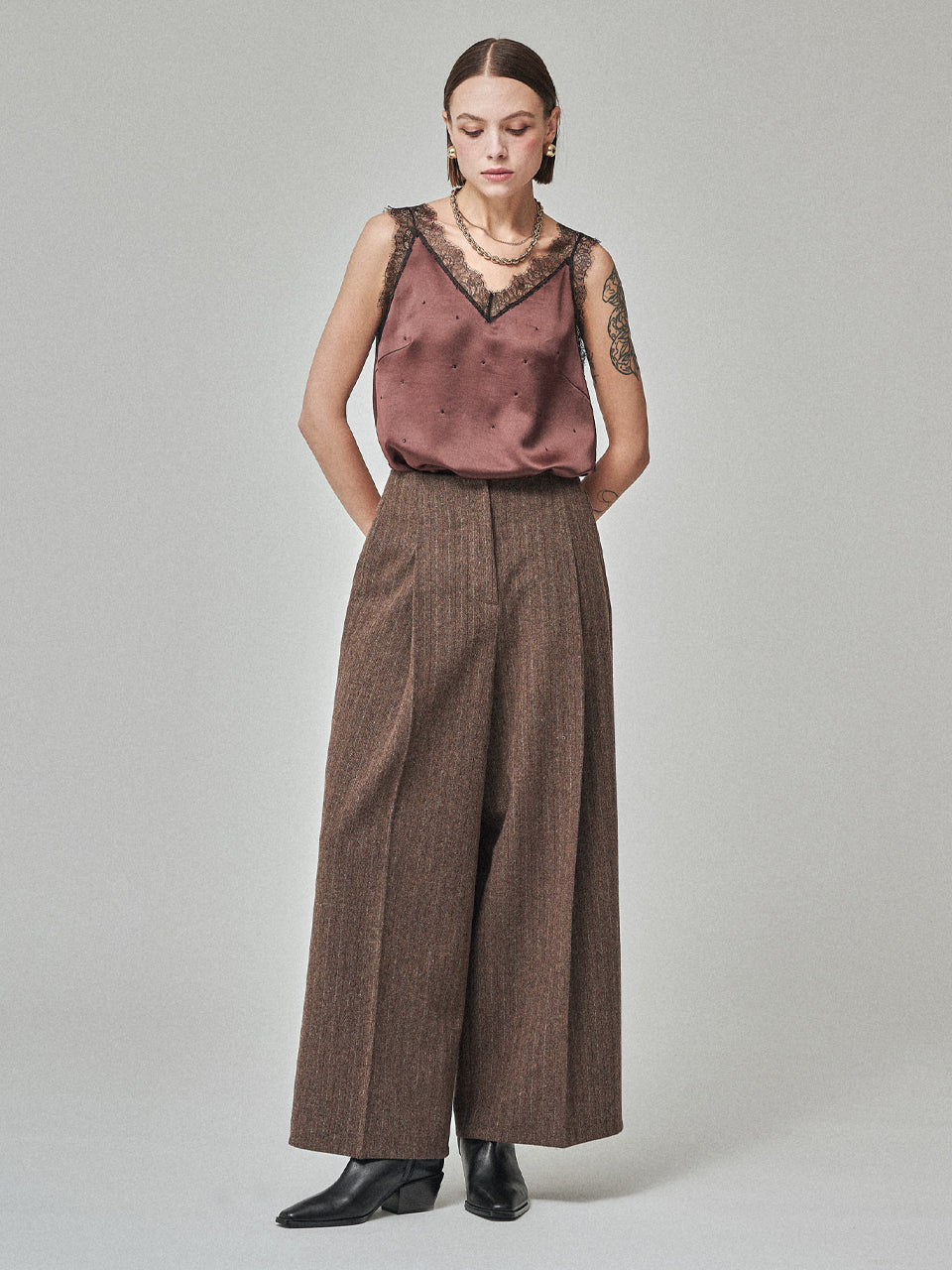 MAISON DE INES Wool Stripe Wide Trousers - Mocha Brown