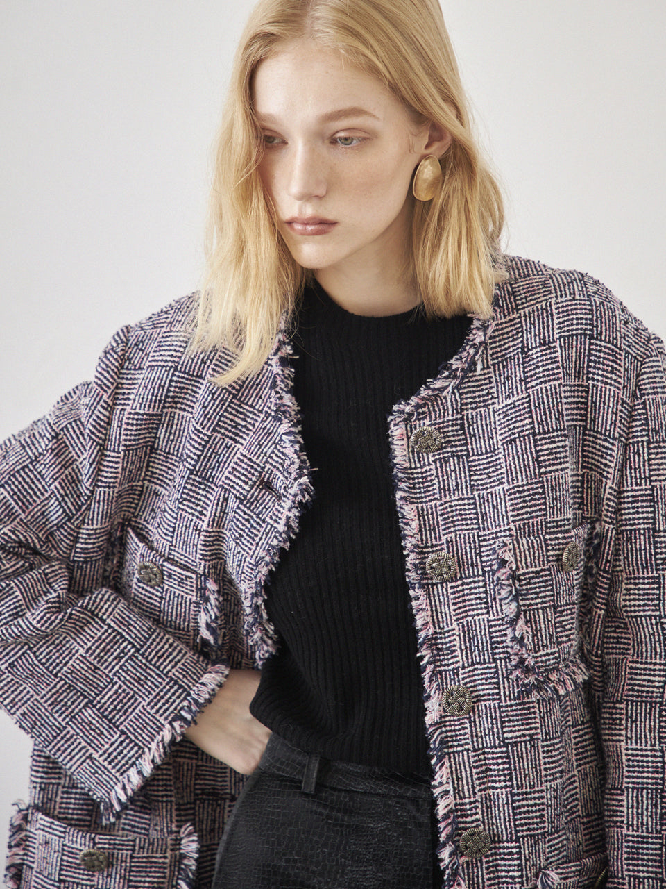 Maison De Ines Fringe Oversized Tweed Jacket - Pink/Black