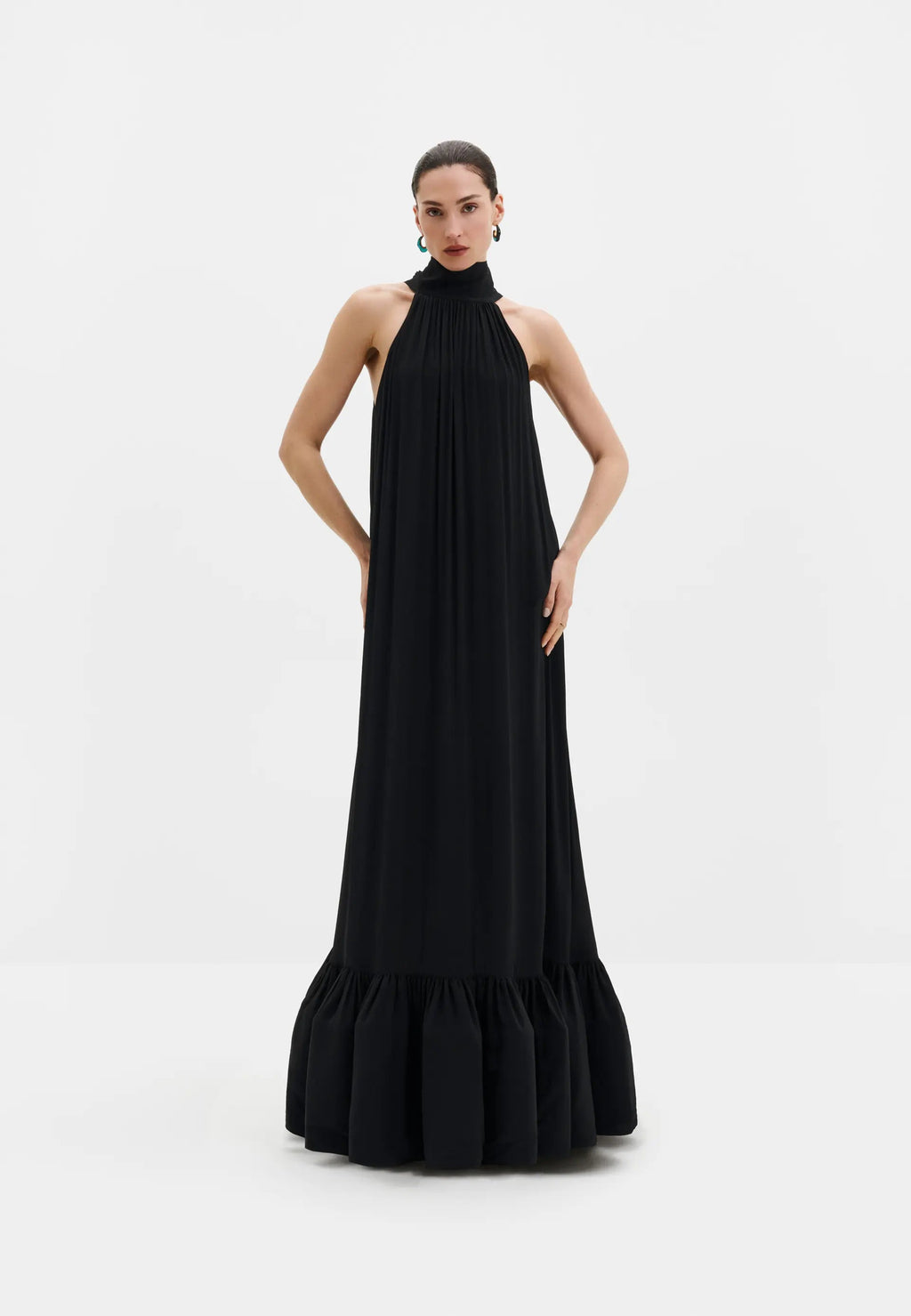 Malina Lykke Halterneck Ruffled Maxi Dress - Black