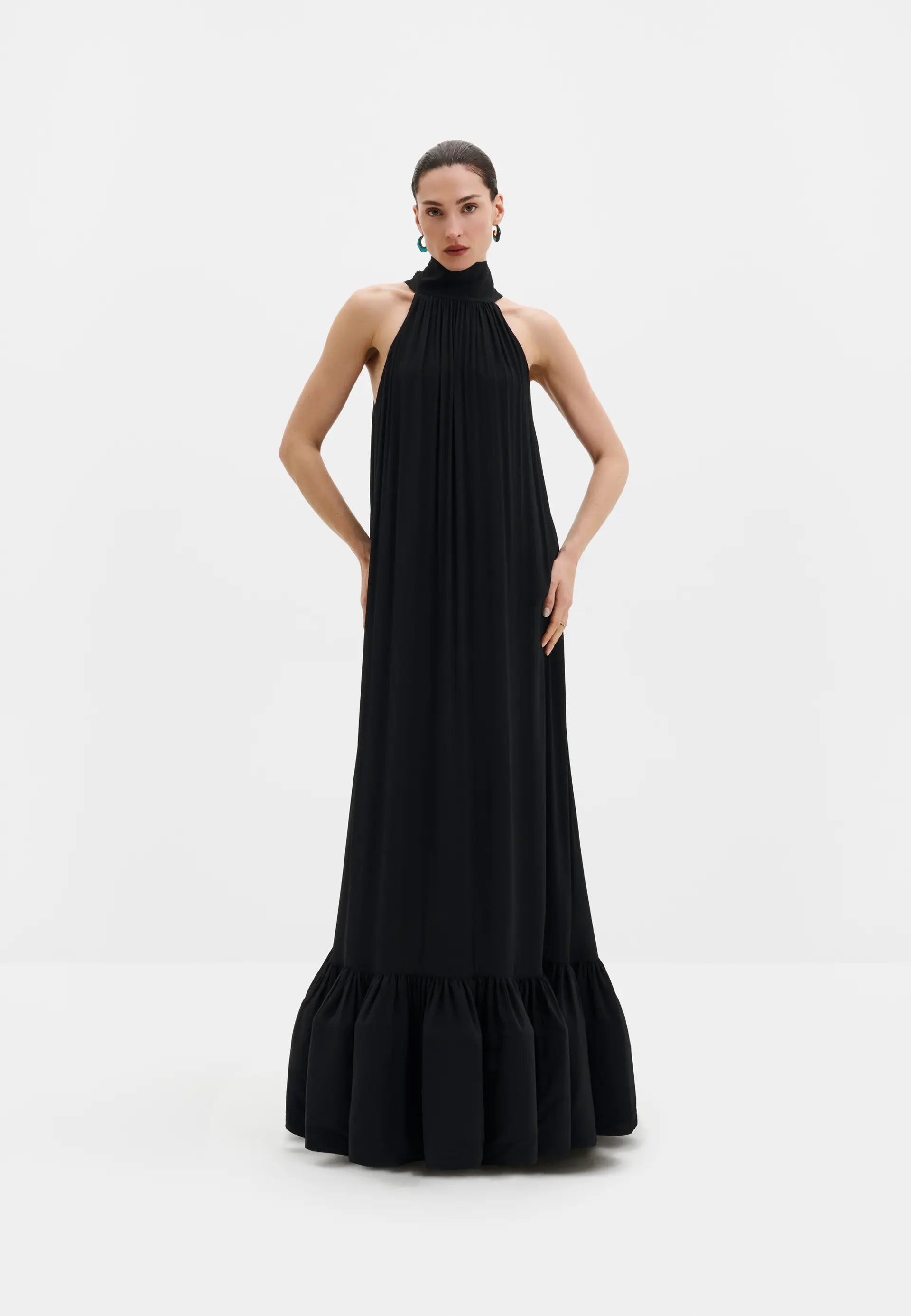 Malina Lykke Halterneck Ruffled Maxi Dress - Black