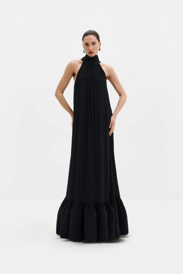 Malina Lykke Halterneck Ruffled Maxi Dress - Black