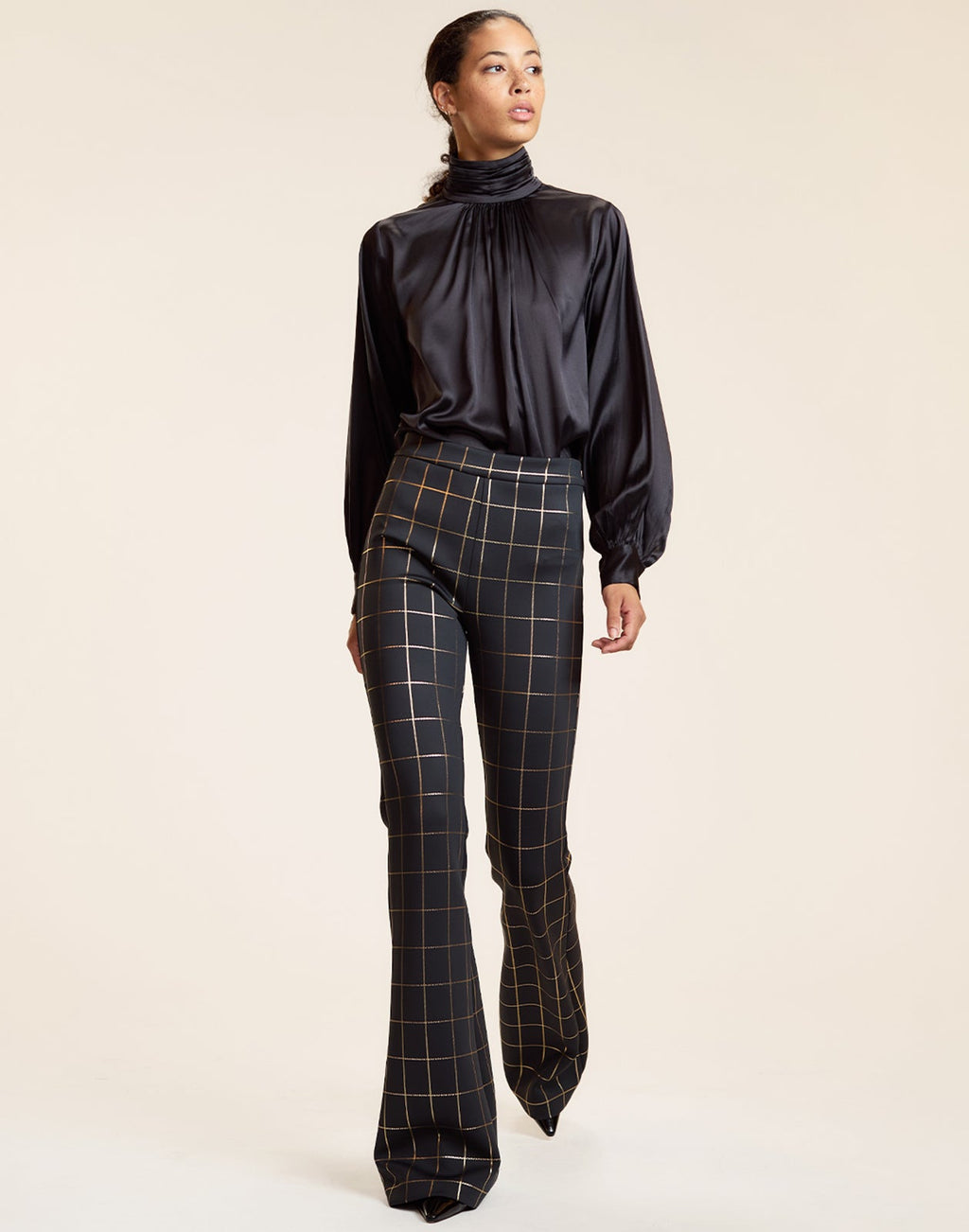 Cynthia Rowley Metallic Bonded Pants - Gold Plaid