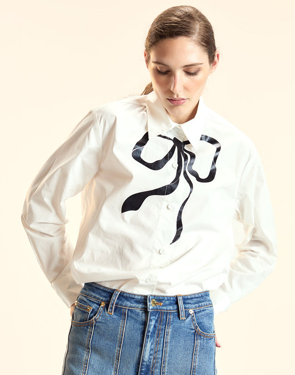 Cynthia Rowley Metallic Printed Bow Shirt - White