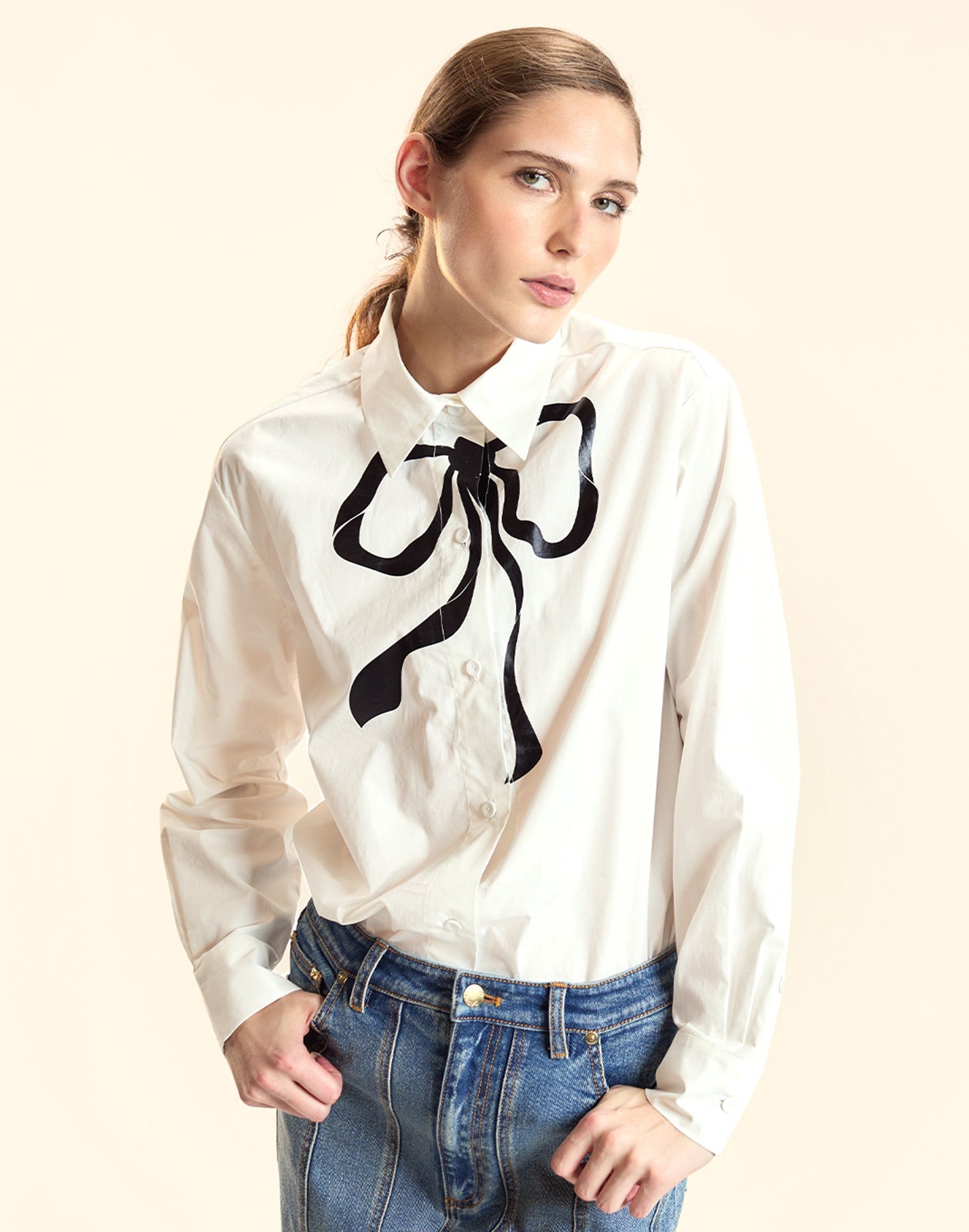 Cynthia Rowley Metallic Printed Bow Shirt - White