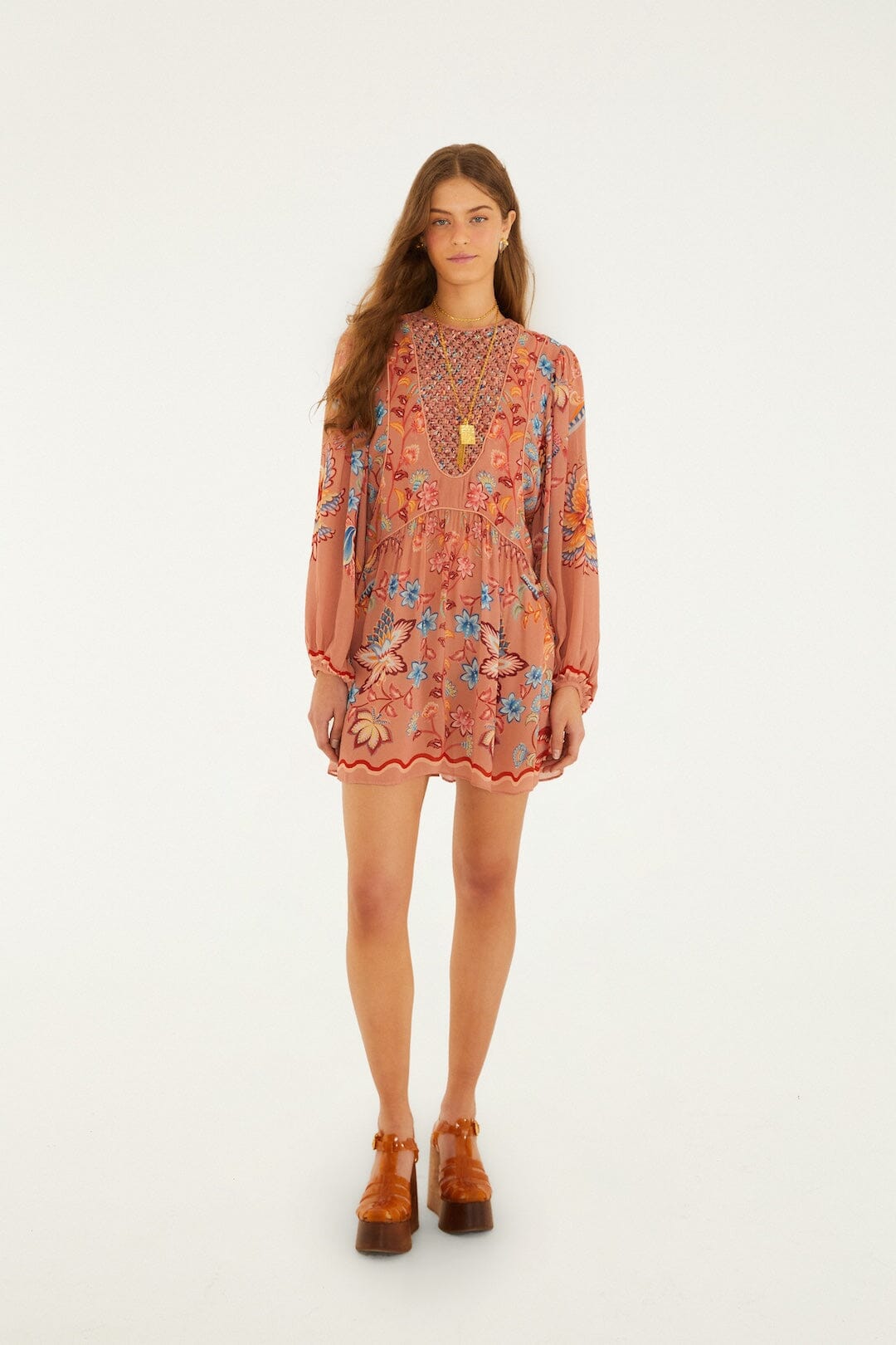 Farm Rio Mocha Boho Enhance Lace Long Sleeve Mini Dress