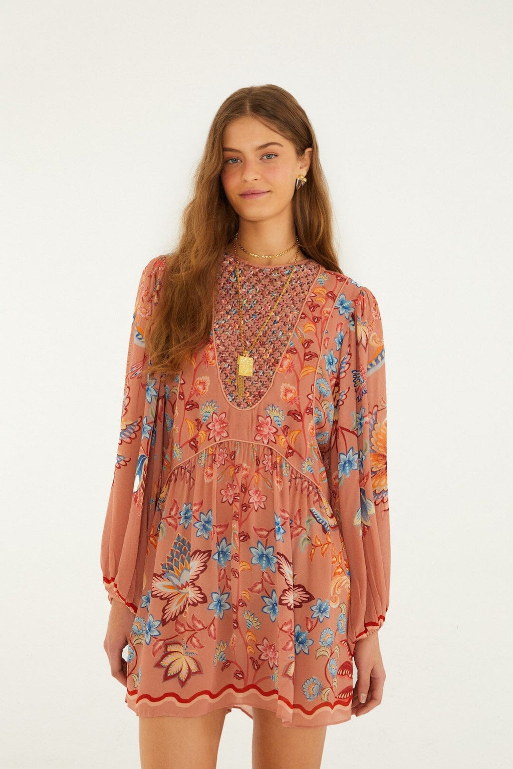 Farm Rio Mocha Boho Enhance Lace Long Sleeve Mini Dress