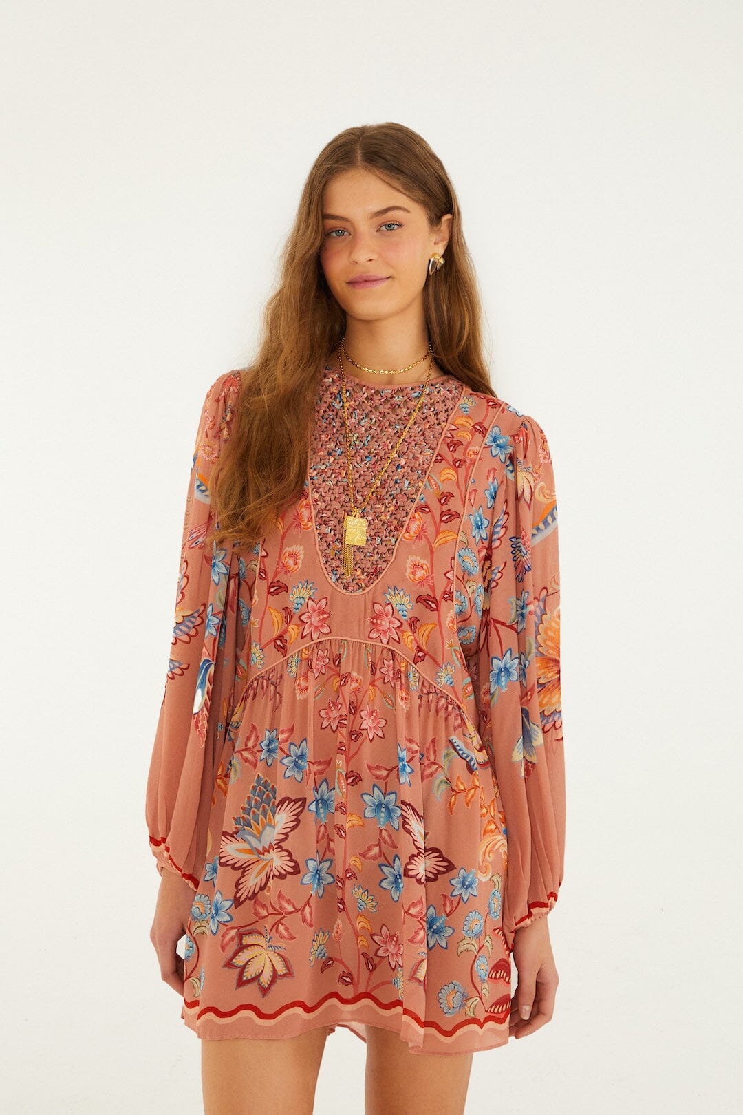 Farm Rio Mocha Boho Enhance Lace Long Sleeve Mini Dress