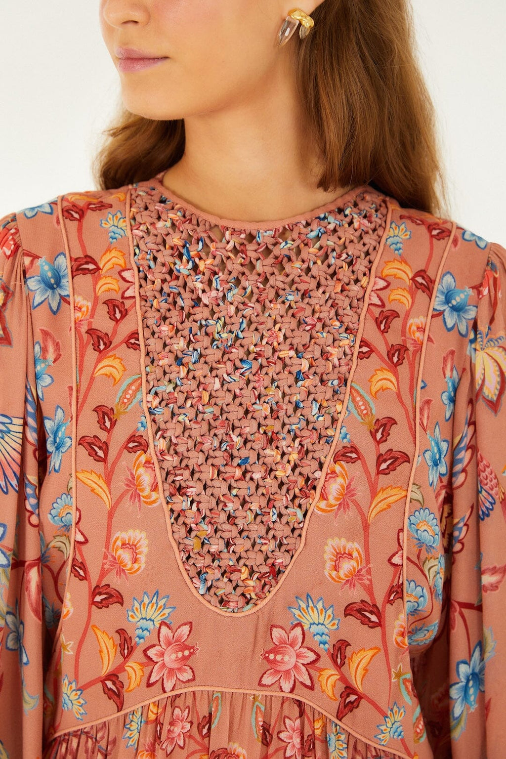 Farm Rio Mocha Boho Enhance Lace Long Sleeve Mini Dress