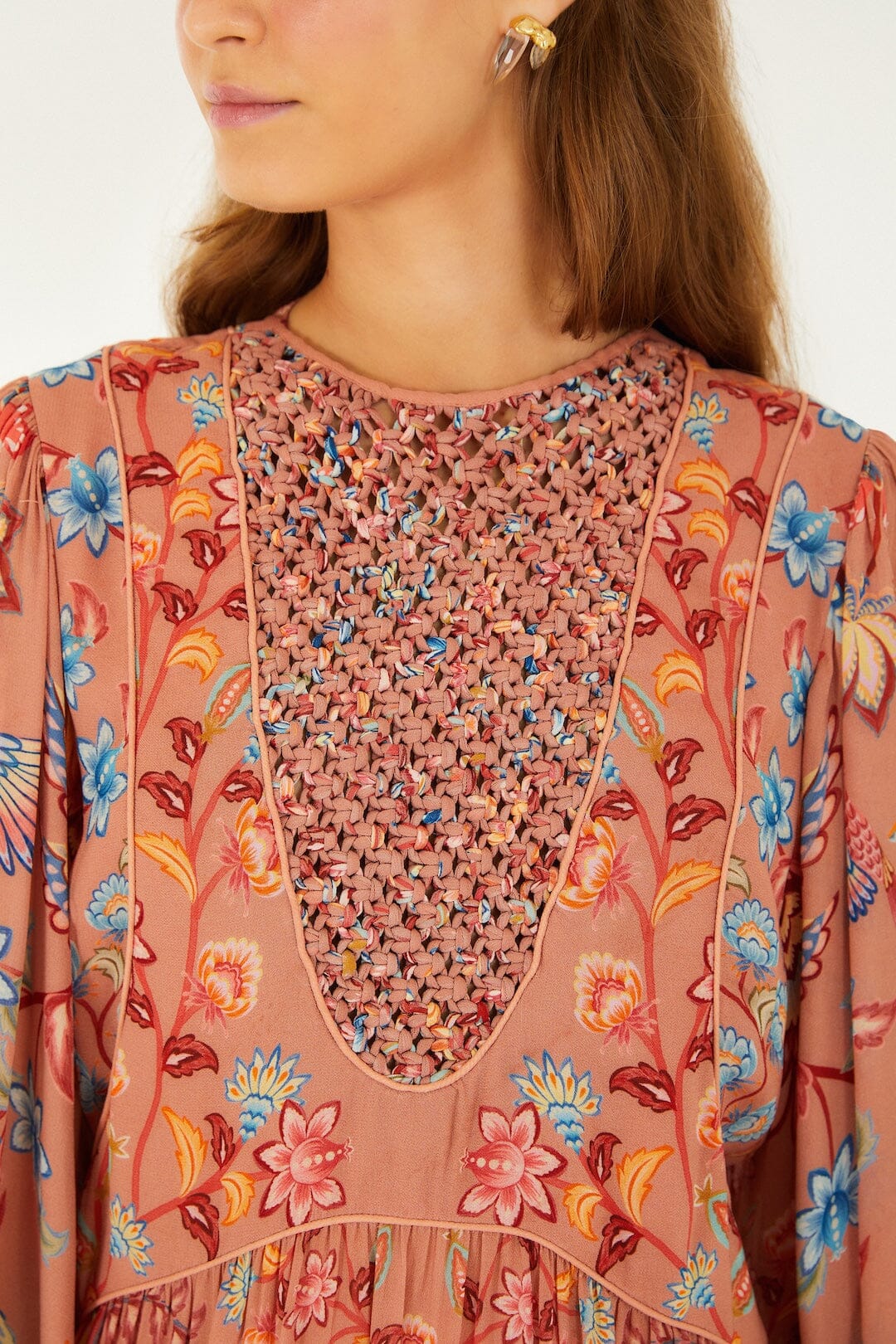 Farm Rio Mocha Boho Enhance Lace Long Sleeve Mini Dress