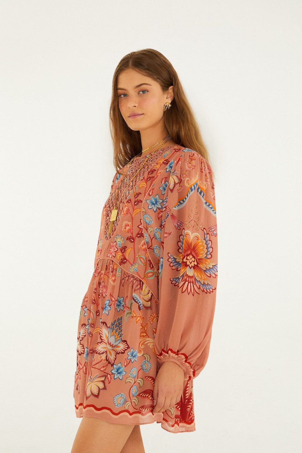 Farm Rio Mocha Boho Enhance Lace Long Sleeve Mini Dress