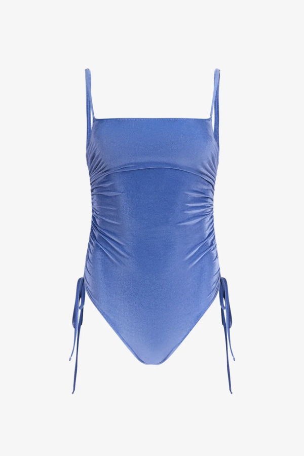 Priscavera Ocean Blue Velvet Lace-Up Ruched One Piece