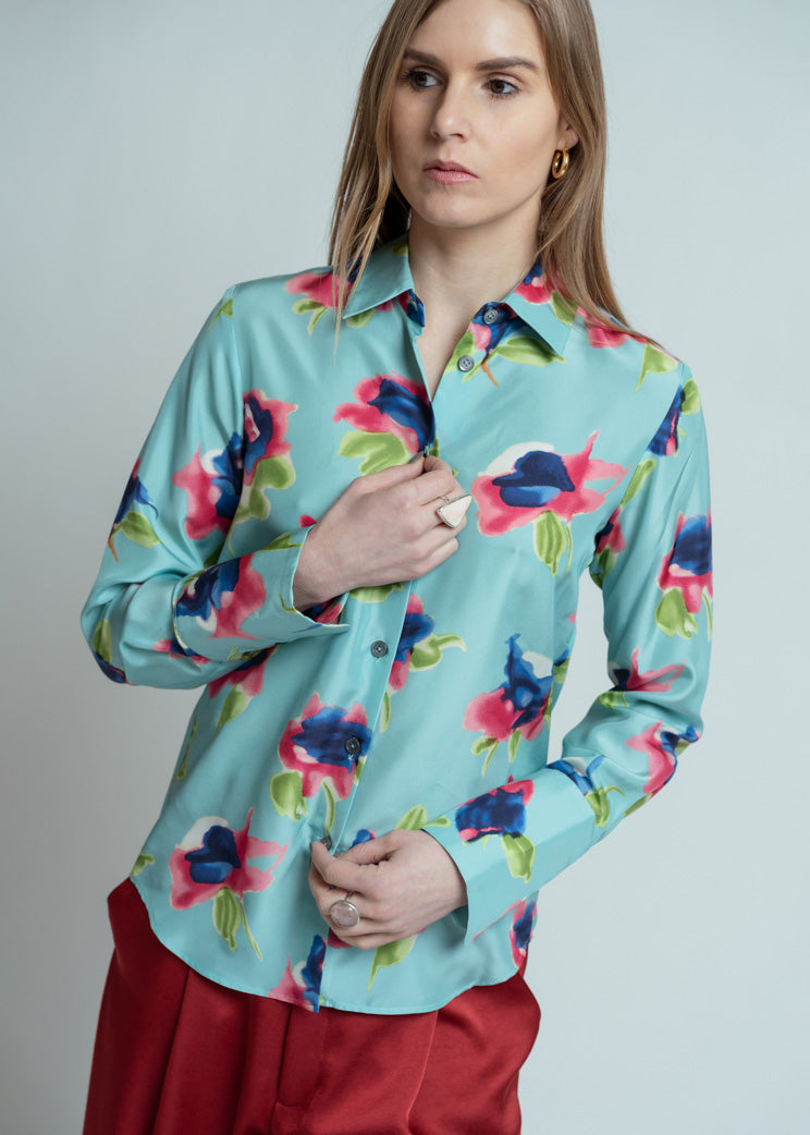 Odeeh Laguna Silk Aquarell Flowers Blouse - Laguna
