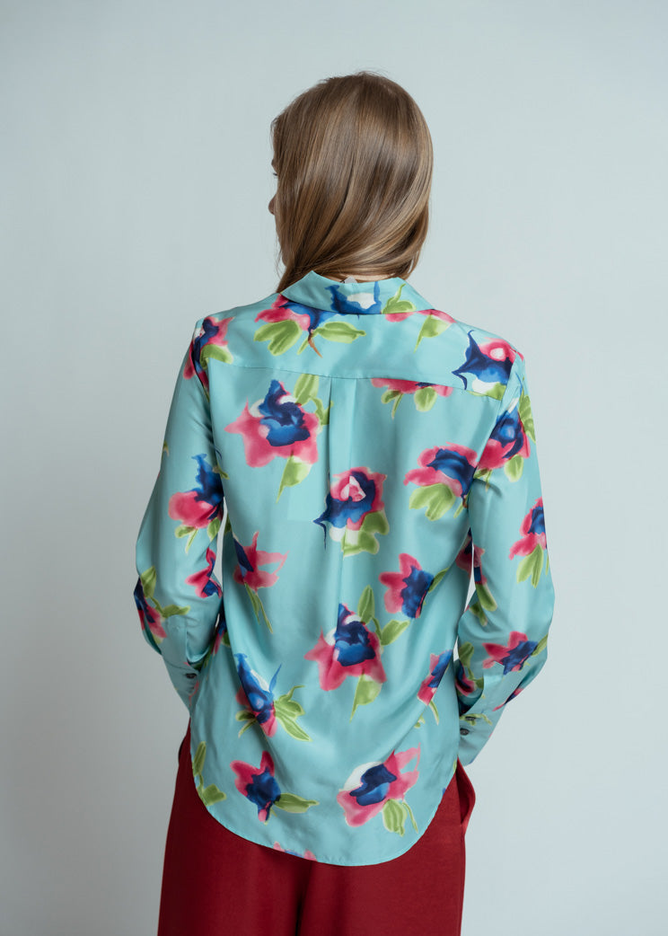 Odeeh Laguna Silk Aquarell Flowers Blouse - Laguna