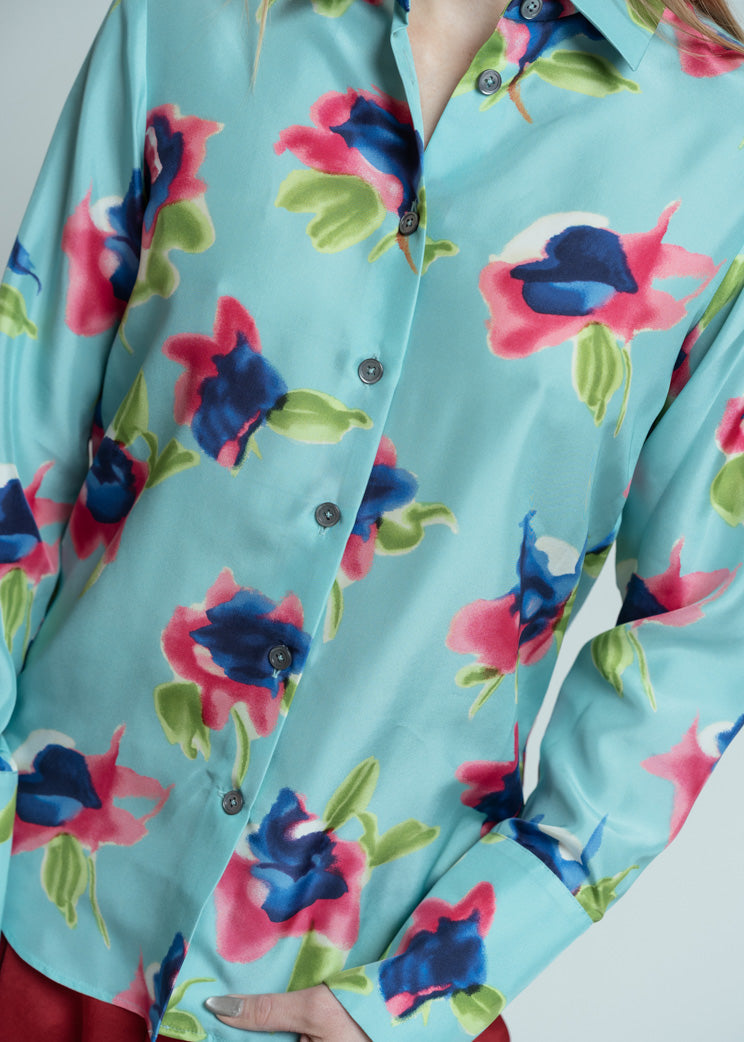 Odeeh Laguna Silk Aquarell Flowers Blouse - Laguna
