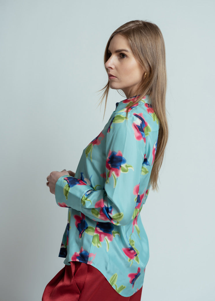 Odeeh Laguna Silk Aquarell Flowers Blouse - Laguna