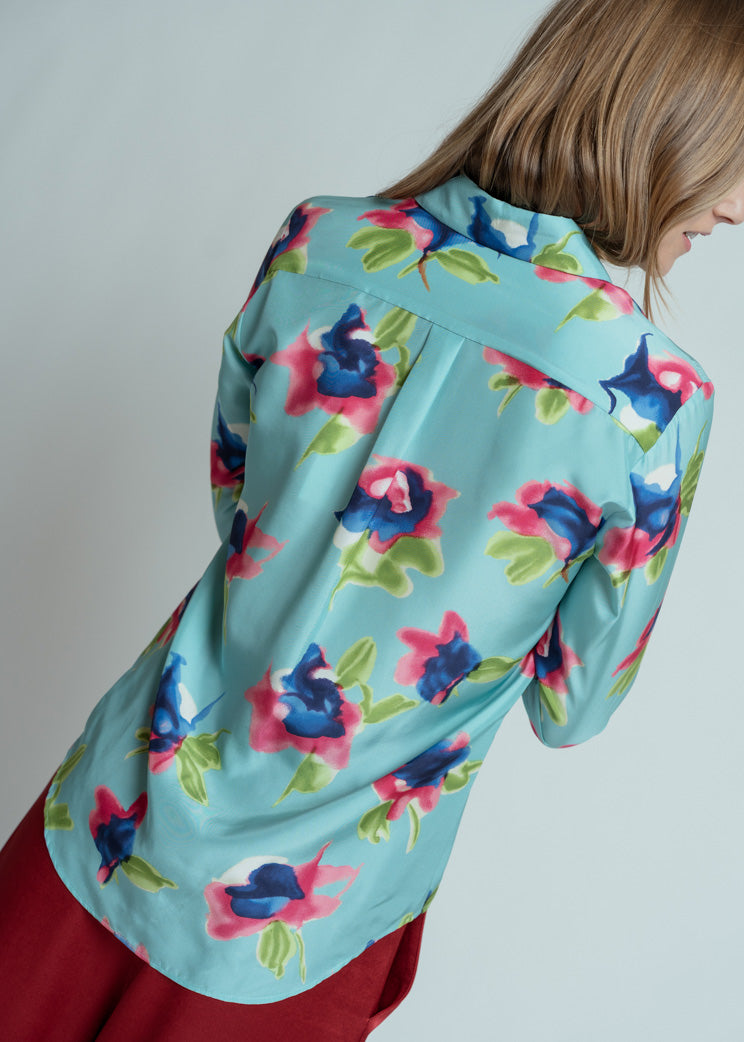 Odeeh Laguna Silk Aquarell Flowers Blouse - Laguna