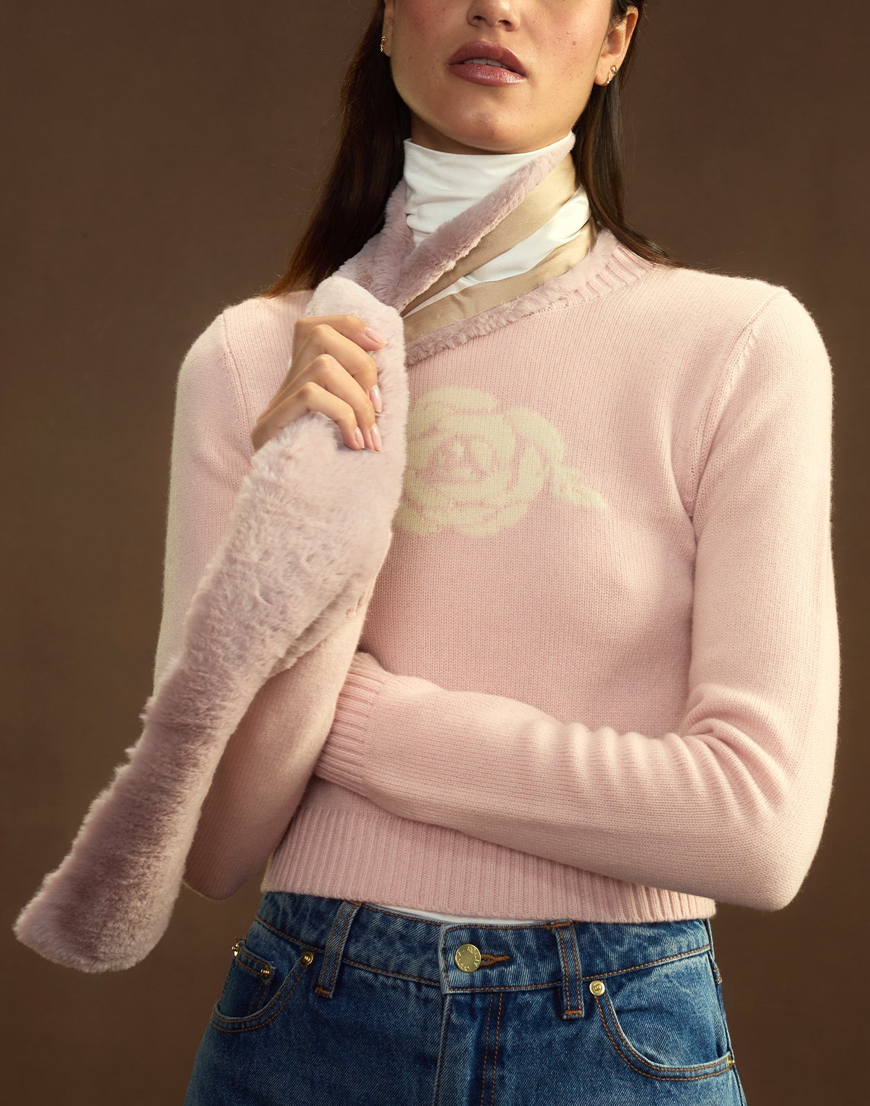 Cynthia Rowley Out East Faux Fur Silk Scarf - Blush