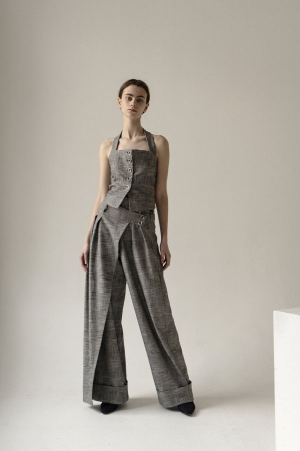 K M by L A N G E PLAID WOOL OPEN BACK VEST - Gray