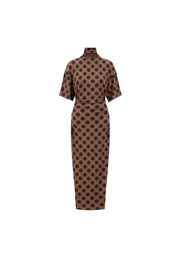 Lela Rose Polka Dot Jersey Turtleneck Dress - Mocha