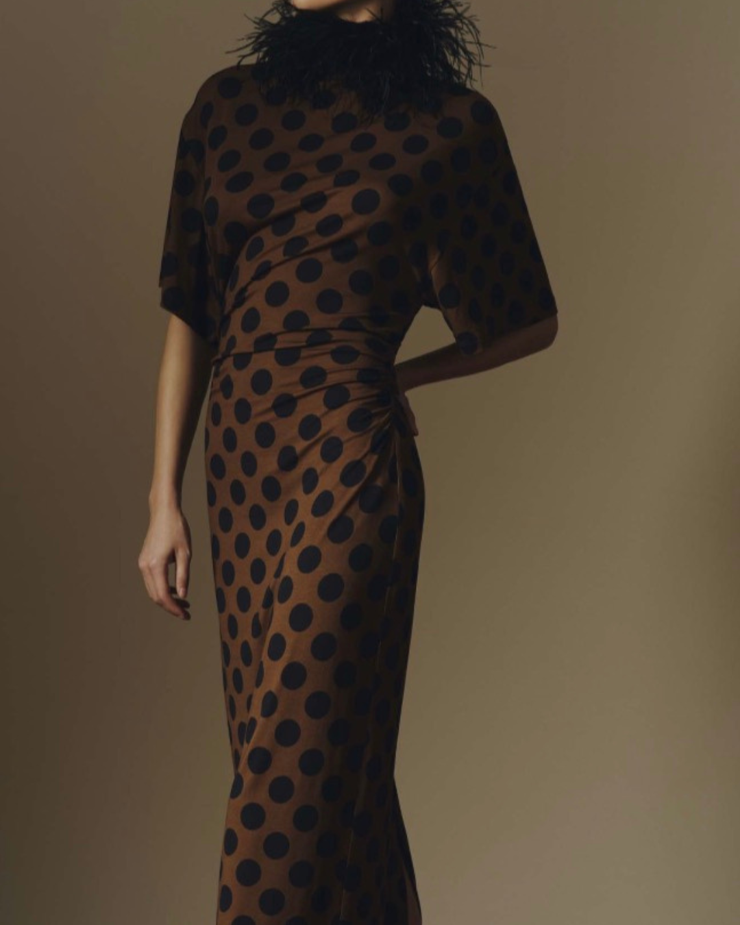 Lela Rose Polka Dot Jersey Turtleneck Dress - Mocha