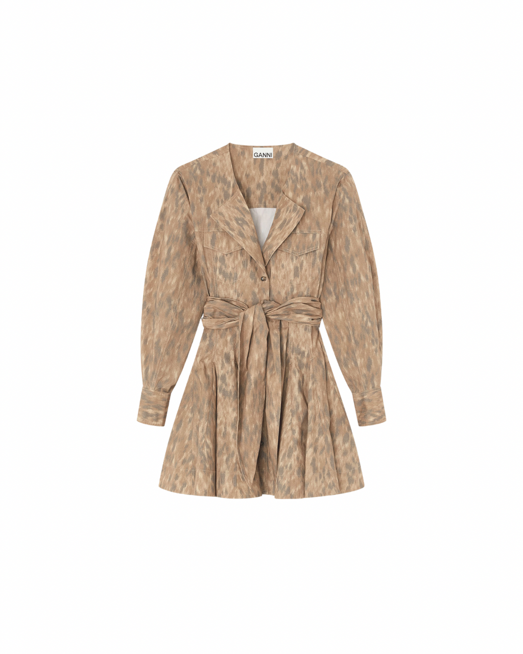 Ganni Printed Stretch Cotton Mini Shirt Dress - Burro