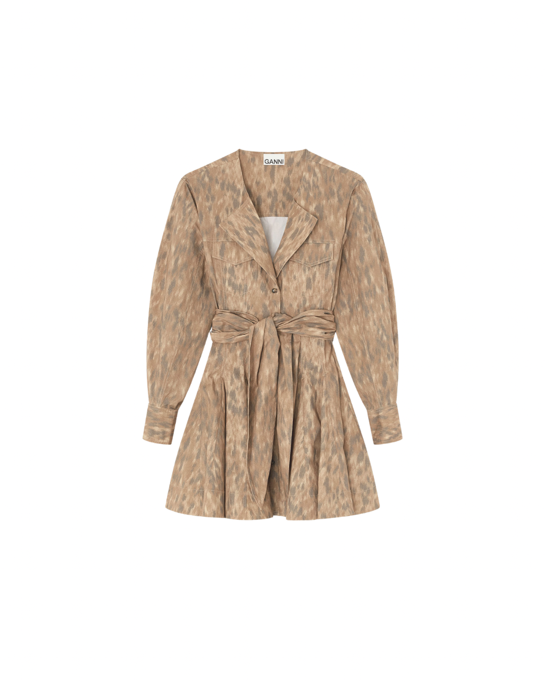 Ganni Printed Stretch Cotton Mini Shirt Dress - Burro