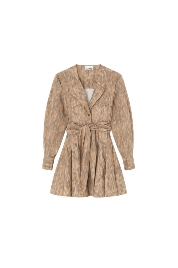 Ganni Printed Stretch Cotton Mini Shirt Dress - Burro