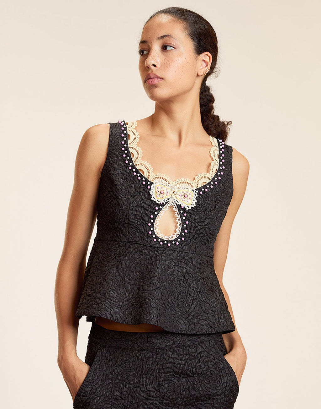 Cynthia Rowley Petit Four Lace Trim Top - Black