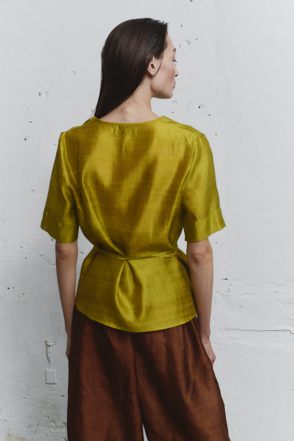 Datura Pistacho Dupion Wrap Top