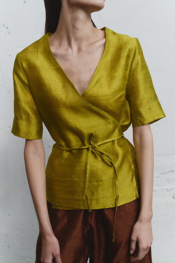 Datura Pistacho Dupion Wrap Top