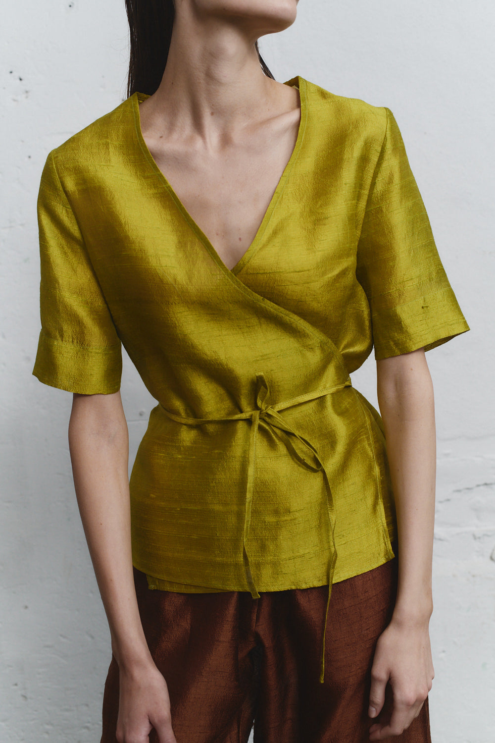 Datura Pistacho Dupion Wrap Top